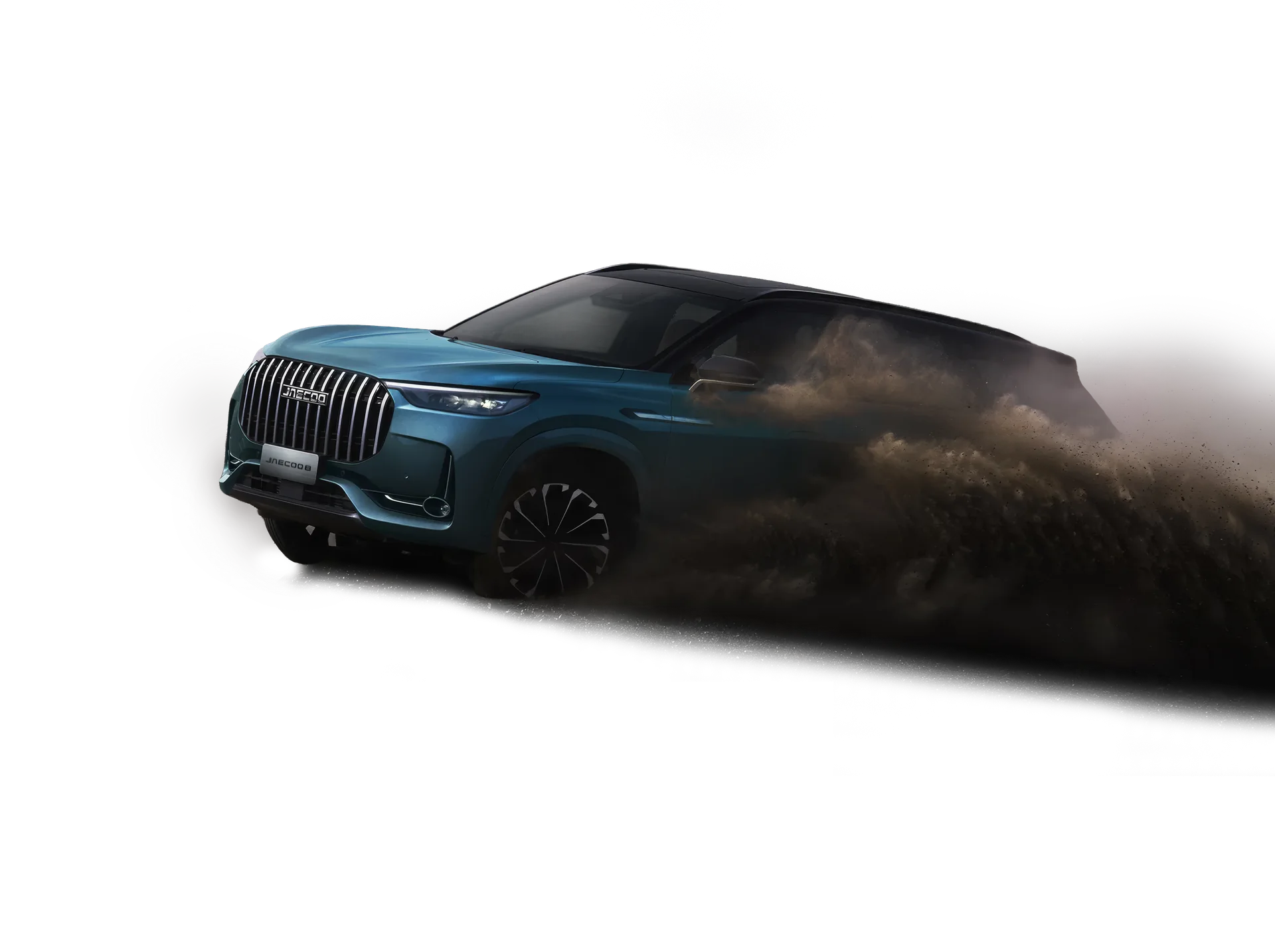 The JAECOO 8 crossing black volcanic sand, throwing up a trail of dust